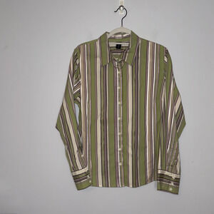 Izod Womens Stripe Button-Up Shirt Size XL Green Career Long Sleeve Business